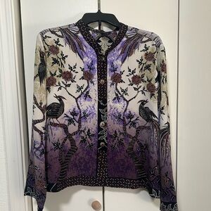 Citron Purple and Black Silk Bird Print Blouse